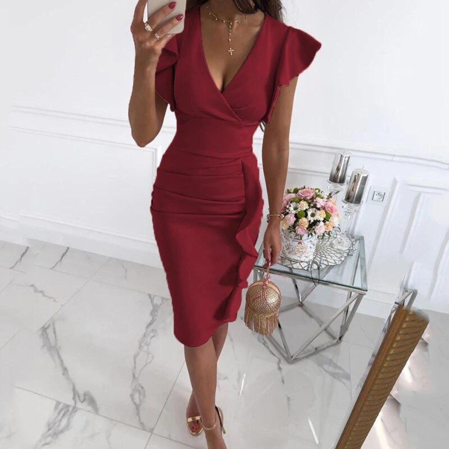 VELANORA Dress with gathered sleeves and a V-neckline