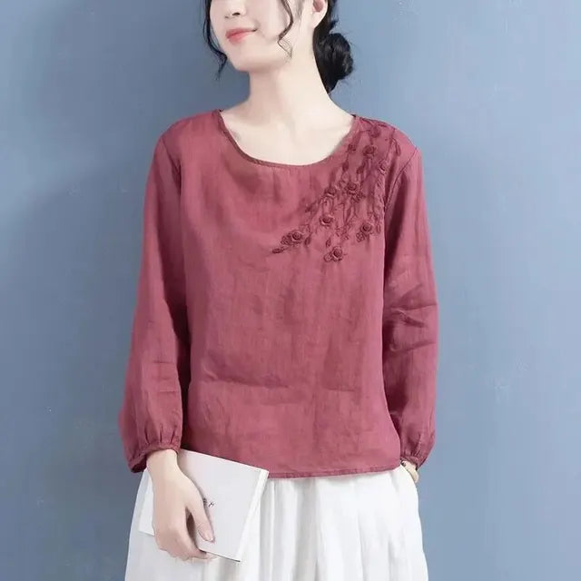 Cotton Linen Blouse with Artistic Embroidery for Women