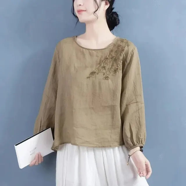 Cotton Linen Blouse with Artistic Embroidery for Women