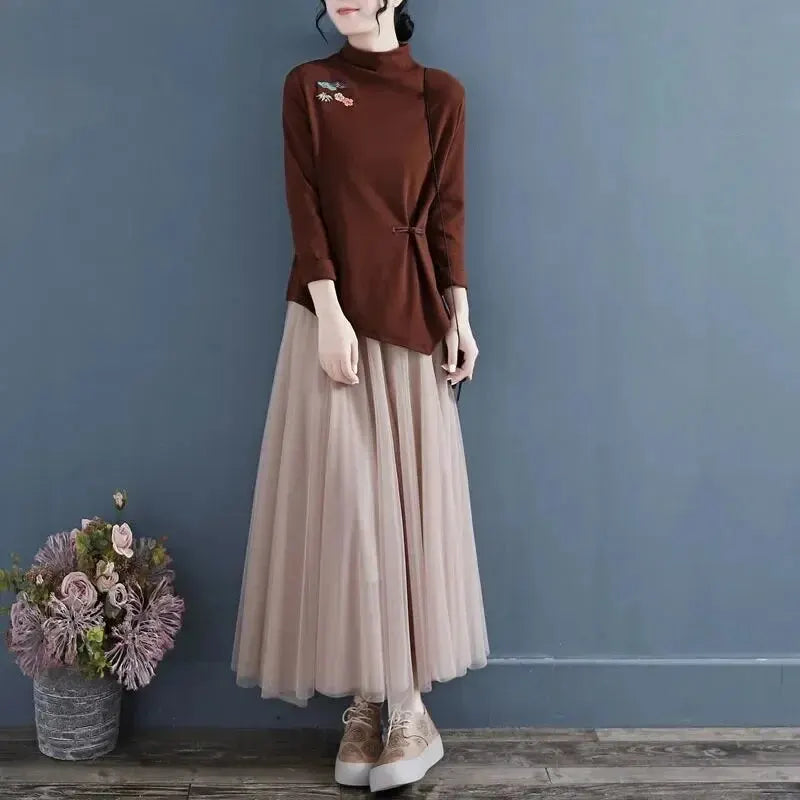 Chemisier en velours brodé rétro raffiné