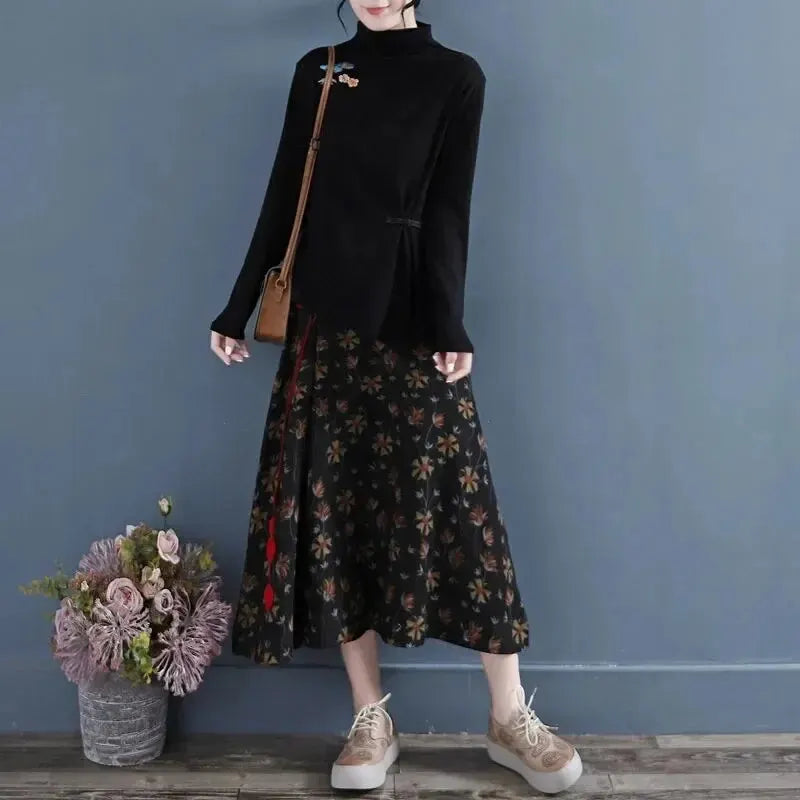 Chemisier en velours brodé rétro raffiné