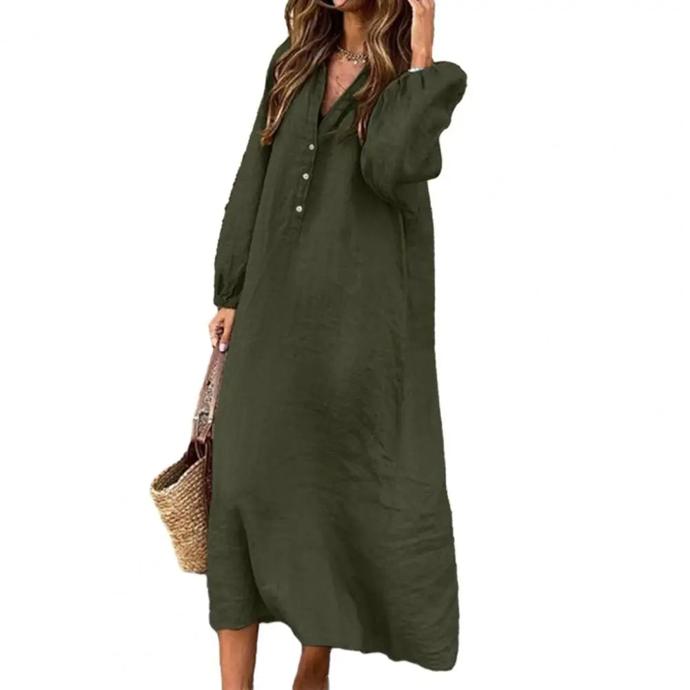 Velanora vestito di lino verde di cotone con scollo a V e bottoni