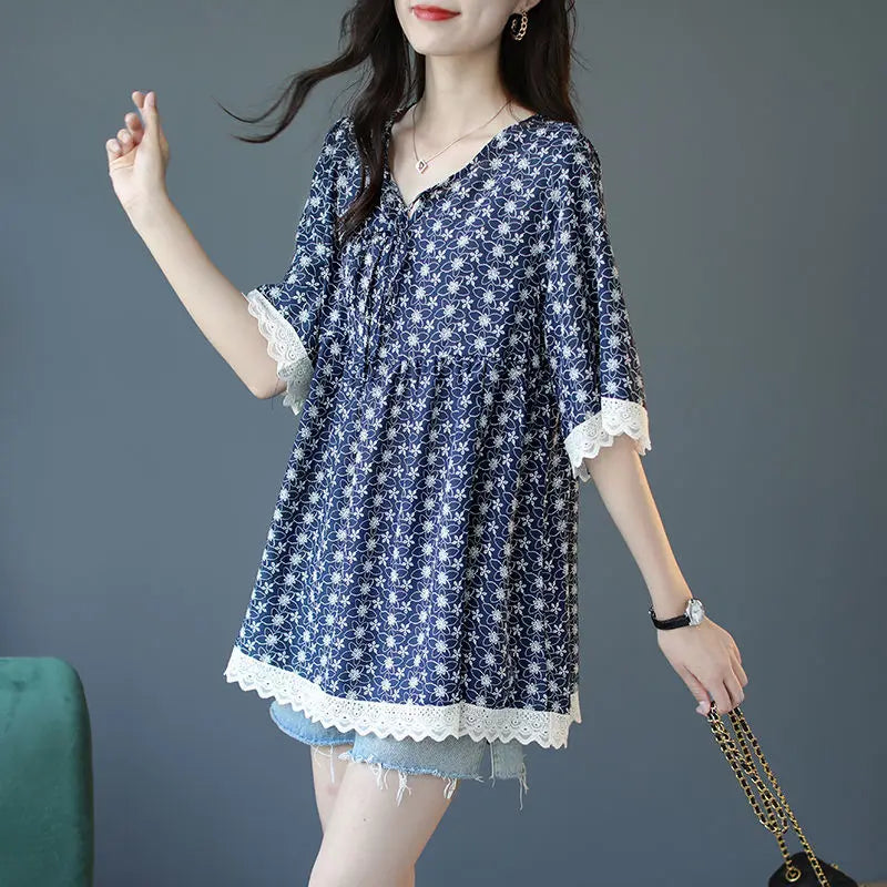 Sommer Neue Damen Lockere V-Ausschnitt Bedruckte Freizeitshirts