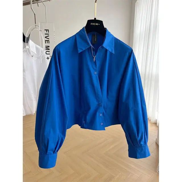Design Sense Blue Long Sleeve Short Shirt Women Spring/Summer