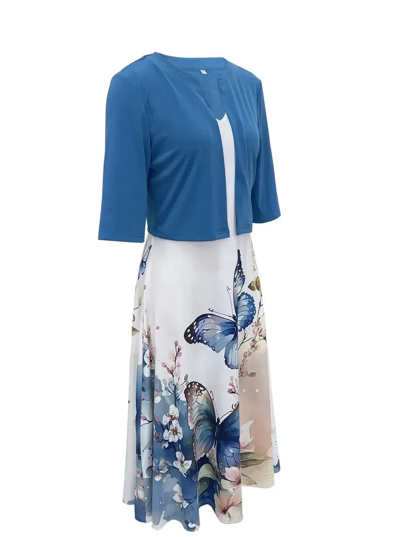 Fleur de Vivre Long Dress Two Pieces Flower and Grass Print Round Neck