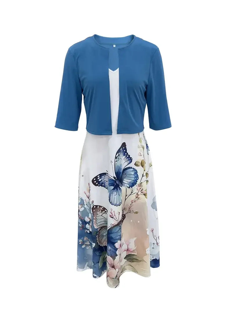 Fleur de Vivre Long Dress Two Pieces Flower and Grass Print Round Neck