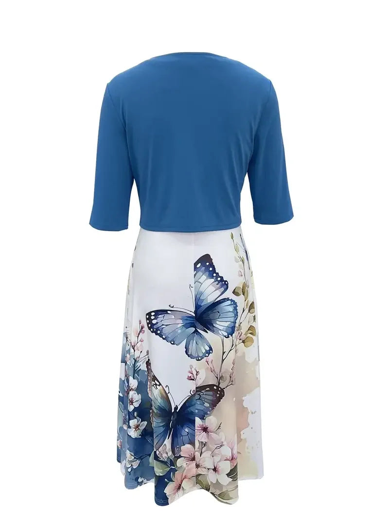 Fleur de Vivre Long Dress Two Pieces Flower and Grass Print Round Neck