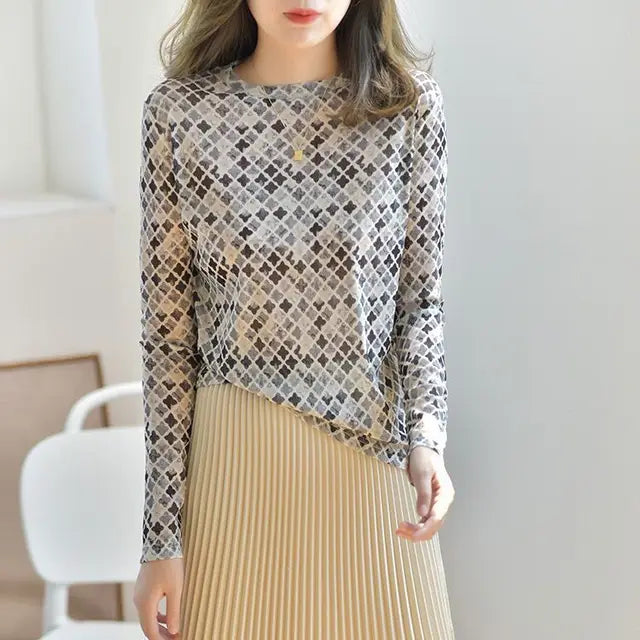 T-shirt à manches longues à imprimé d'automne avec col rond pour femmes