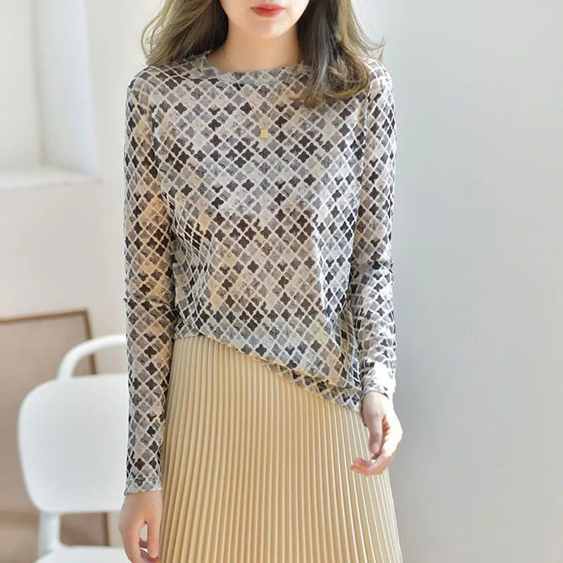 T-shirt à manches longues à imprimé d'automne avec col rond pour femmes