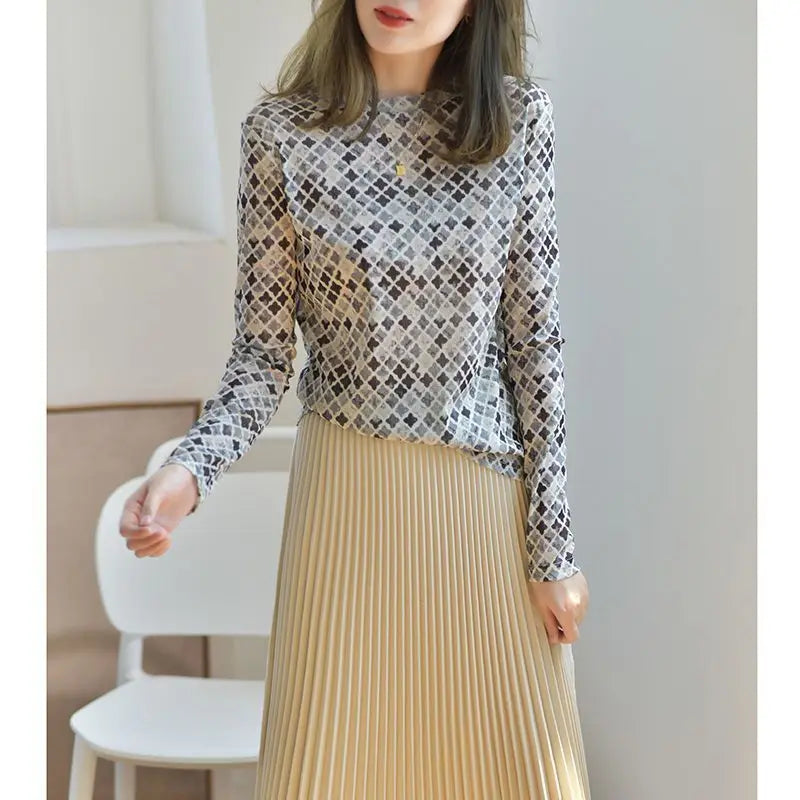 T-shirt à manches longues à imprimé d'automne avec col rond pour femmes