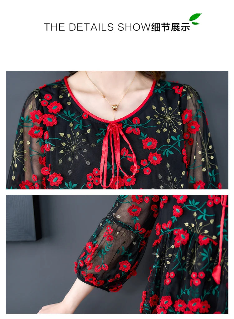 Voorjaar en Zomer Bloemen Mesh Top voor Vrouwen