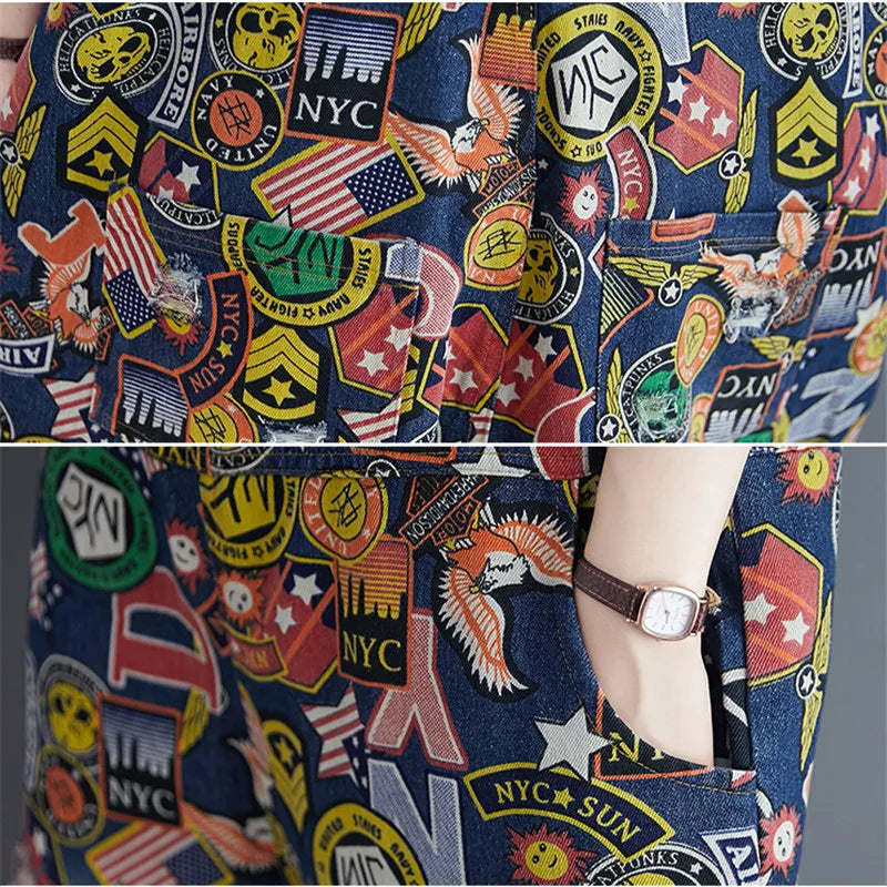 Nova Dames Cartoon Print Denim Jumpsuit voor Speelse Stijlvolle Vrouwen