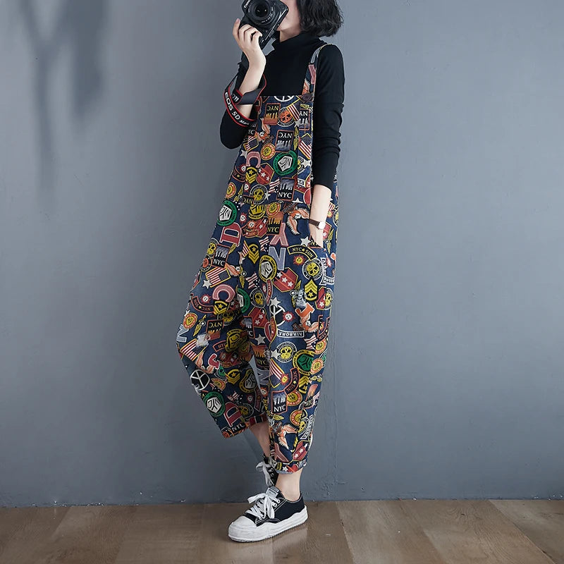 Nova Dames Cartoon Print Denim Jumpsuit voor Speelse Stijlvolle Vrouwen