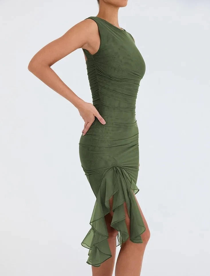 Zomerse Ruches Mouwloze Midi Jurk voor Stijlvolle Dames