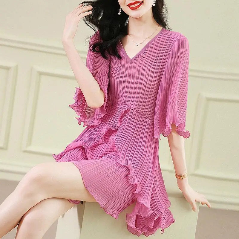 Bellissima Zomerse Mode Chic V-Hals Ruche Onregelmatige Geplooide Losse Casual Effen Kleur