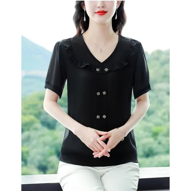 Zomerse V-hals Top met Ruches en Knoopdetails