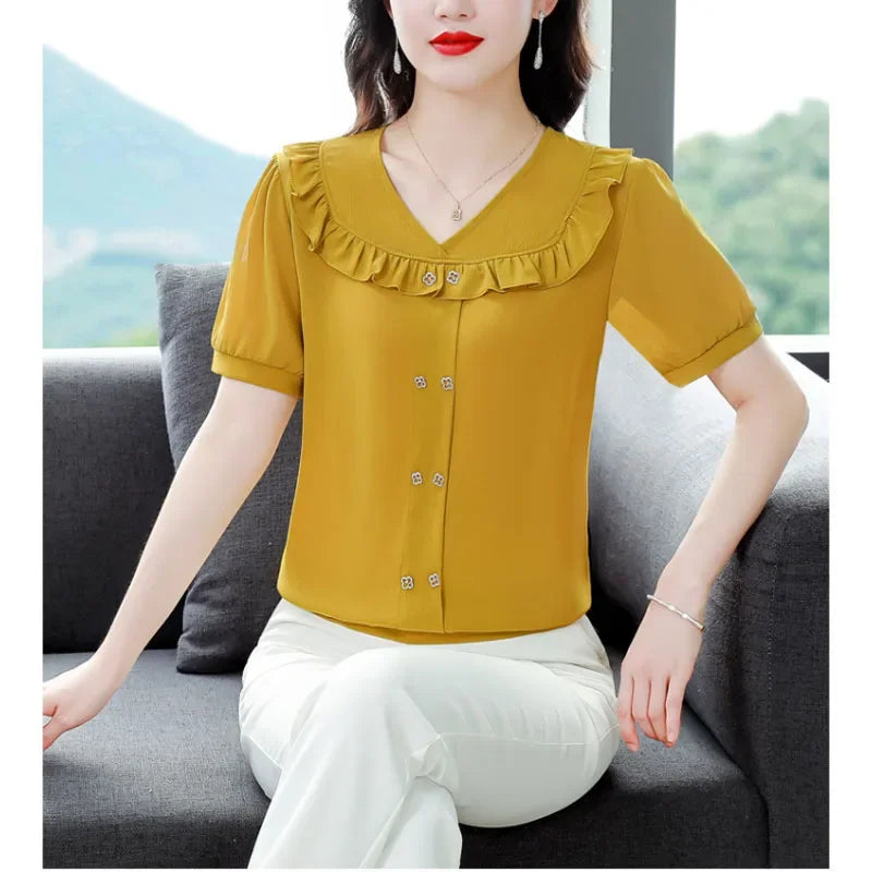 Zomerse V-hals Top met Ruches en Knoopdetails