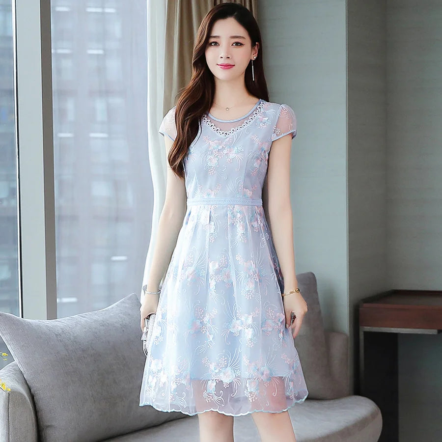 Elegante Mode Roze Bloemen Mesh Mini-Jurk
