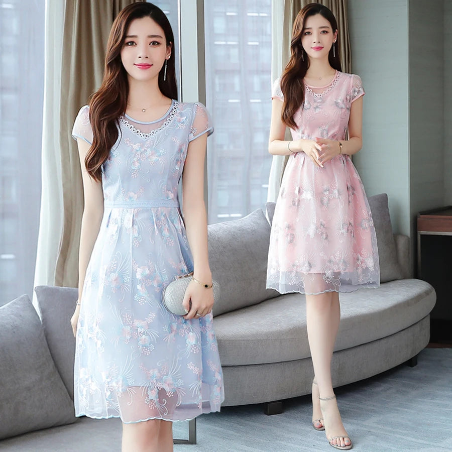 Elegante Mode Roze Bloemen Mesh Mini-Jurk