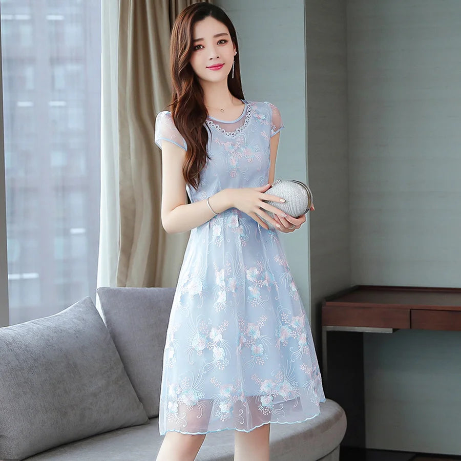 Elegante Mode Roze Bloemen Mesh Mini-Jurk