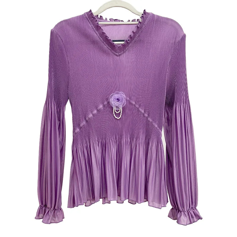 Lente Miyake Geplooide Casual Shirt met Lange Mouwen - Stijlvol en Comfortabel