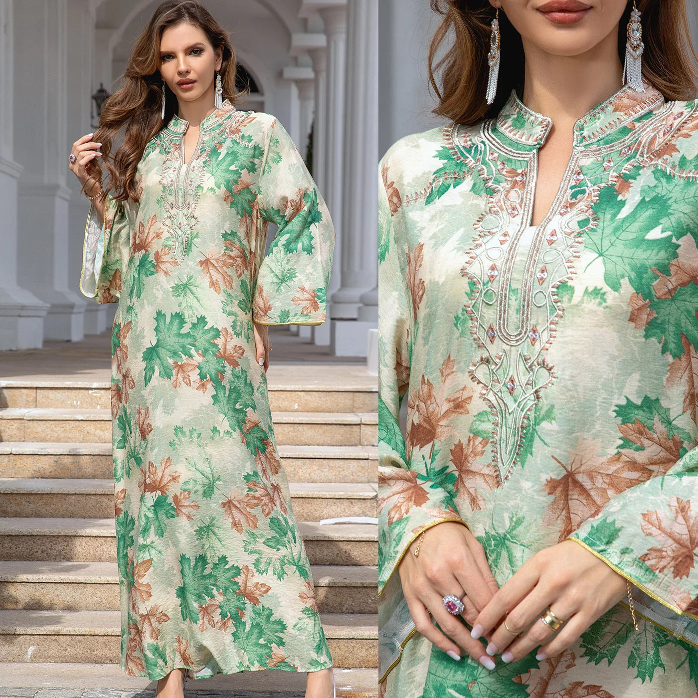 PrachtMode Spring V-Neck Embroidered Long Sleeve Abaya