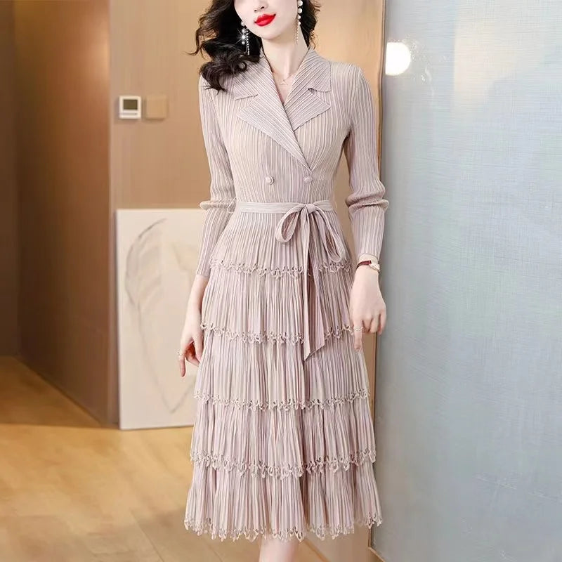 Miyake Pleated Dress with Suit Collar and Fringe