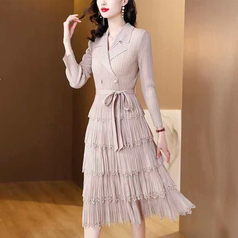Miyake Pleated Dress with Suit Collar and Fringe