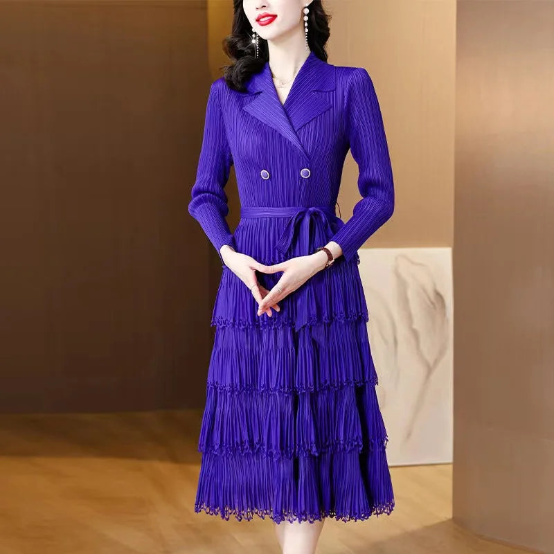 Miyake Pleated Dress with Suit Collar and Fringe