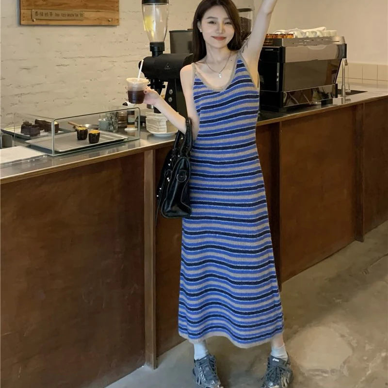 Trendy Striped Knitted Spaghetti Strap Dress