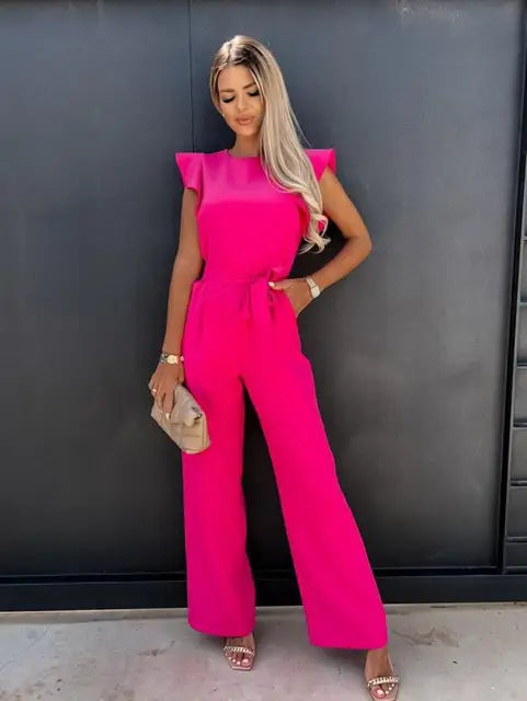 LuxeMode - Cerys Elegant Ruffle Jumpsuit with Matching Belt