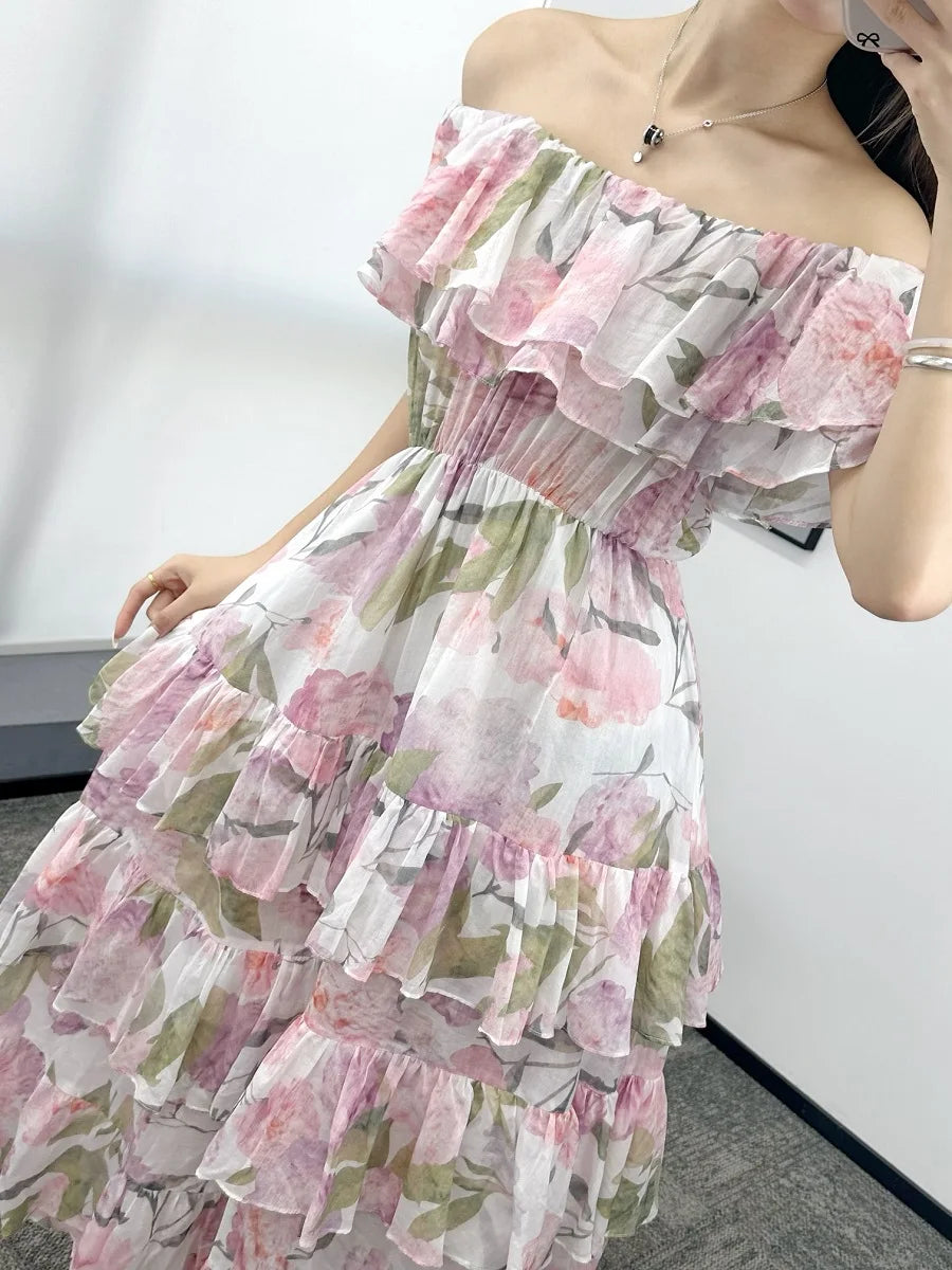 BloesemBelle's Zomerse Flora's Chiffon Bloemenjurk met Ruches en Cake Jurk Bra