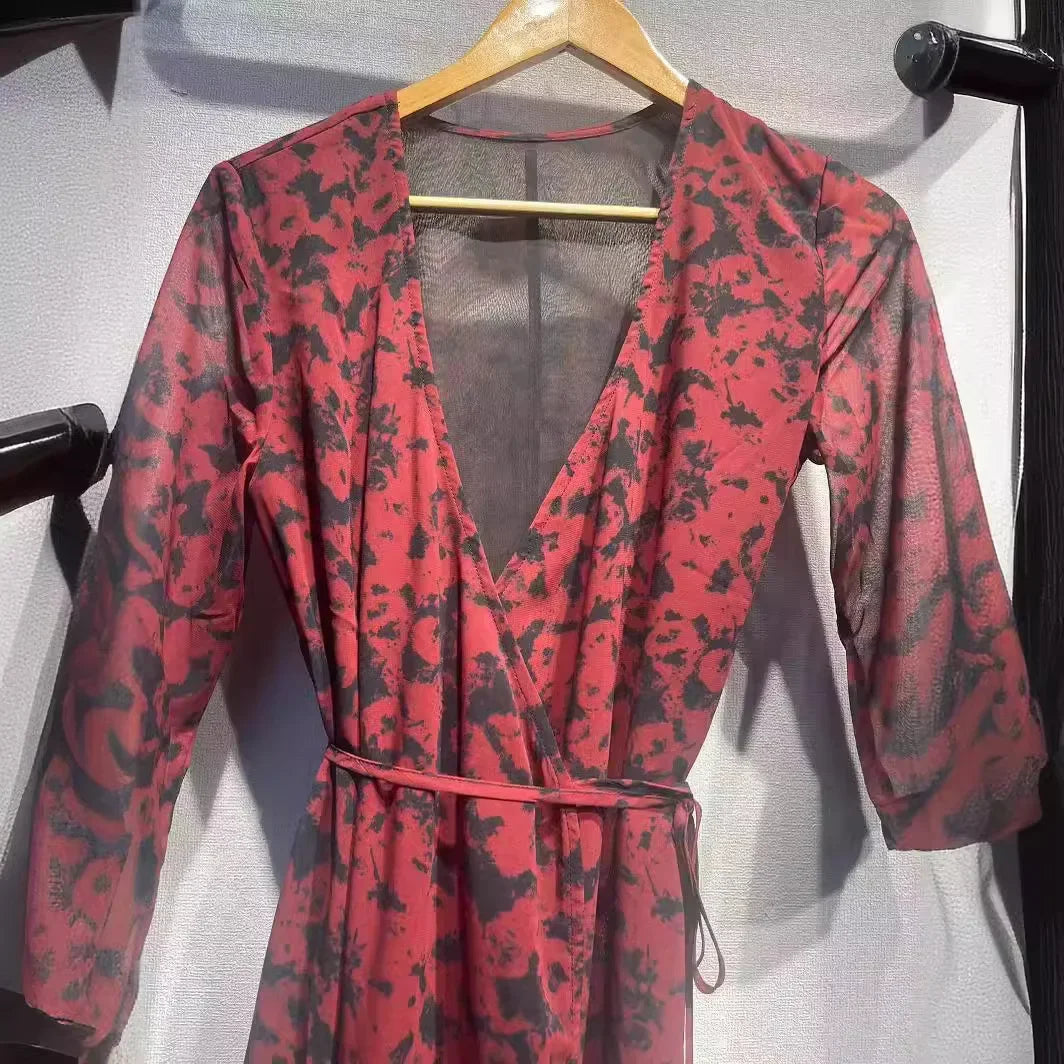 Blossom Splendor Red Floral Print Dress with Wavy Laces