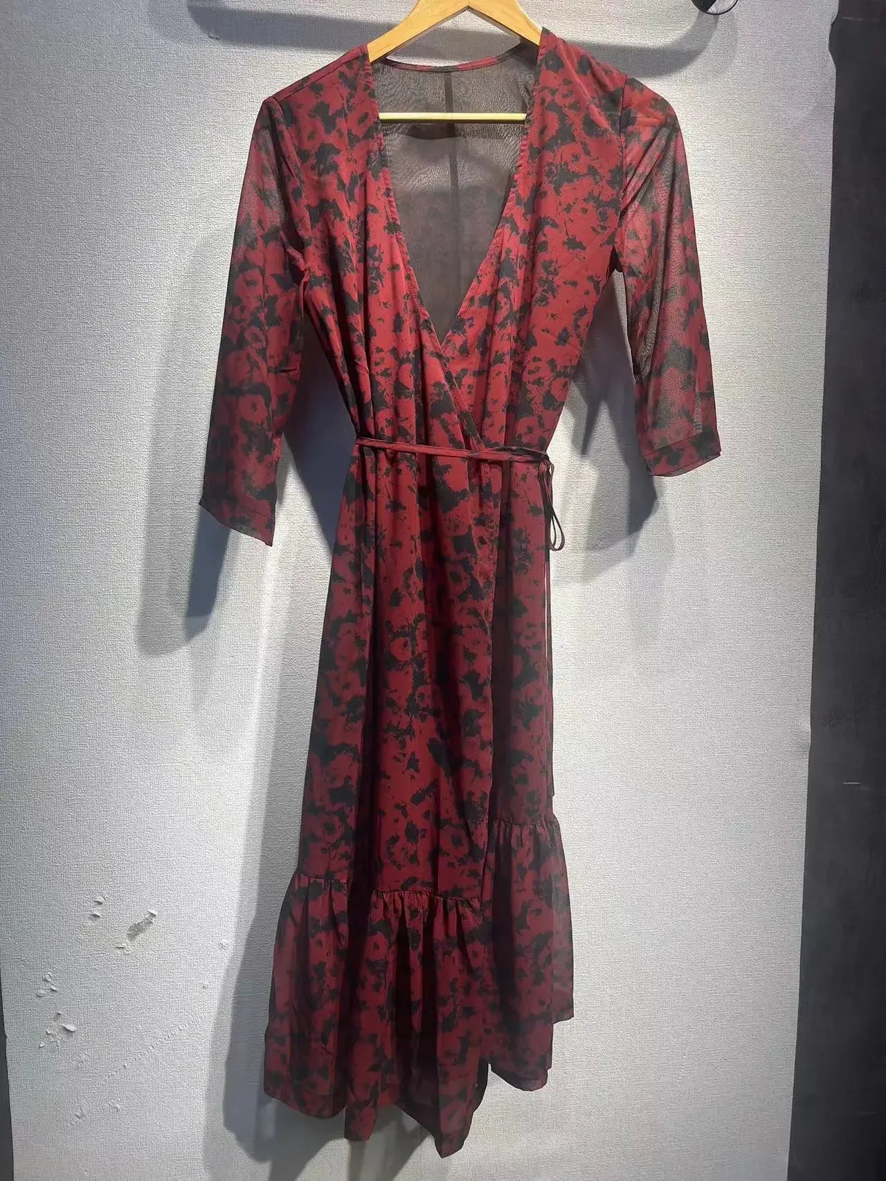Blossom Splendor Red Floral Print Dress with Wavy Laces