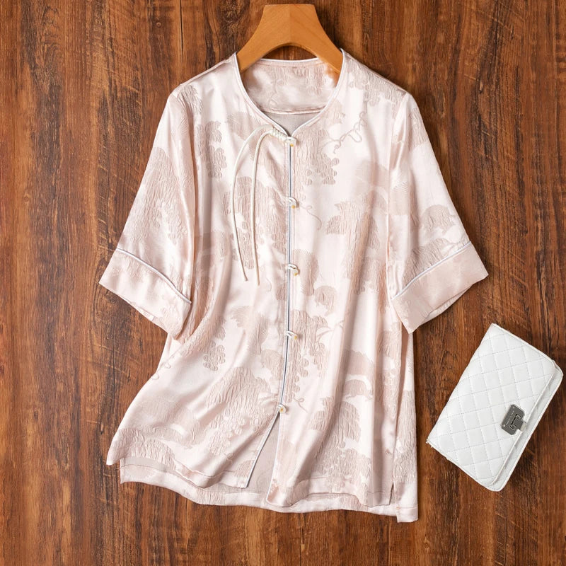 GuanLe Zomerse Natuurlijke Moerbeizijden Roze Shirt