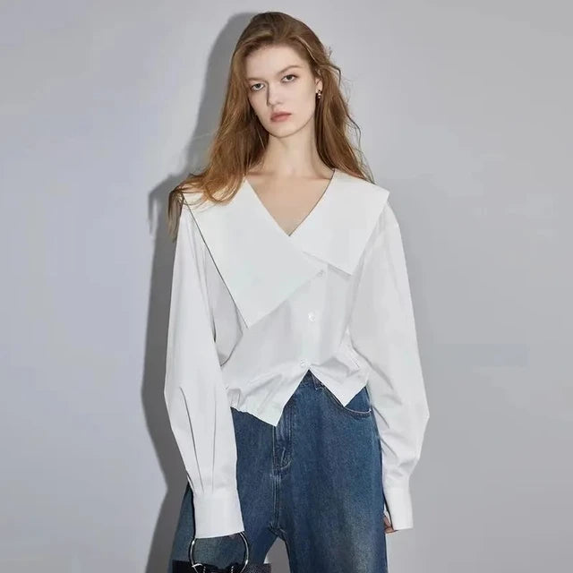 Elegante camisa blanca de algodón de manga larga para dama de oficina de verano