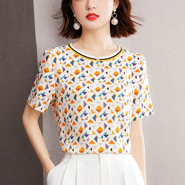 Zomerse Checkered Printed IJs Zijde T-Shirt voor Vrouwen