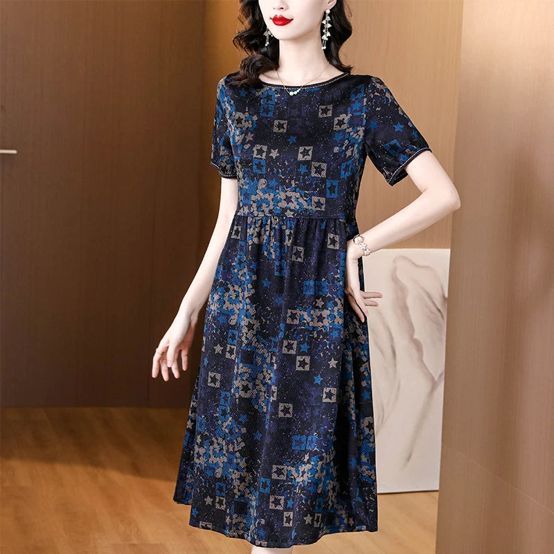 Stylish Breeze Silk Satin Summer Dress with Vintage Print