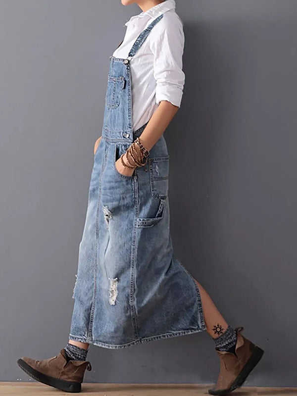 Denim dress with back slit and distressed look - UrbanGlow