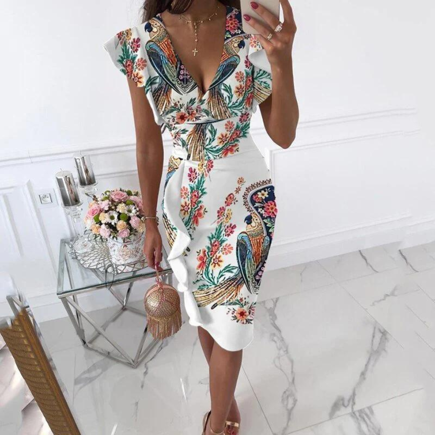 VELANORA Dress with gathered sleeves and a V-neckline