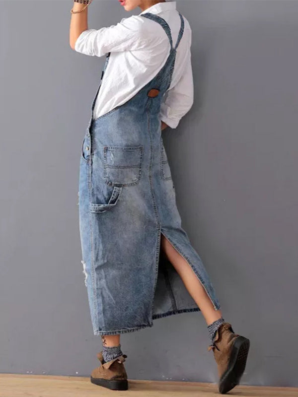 Denim dress with back slit and distressed look - UrbanGlow