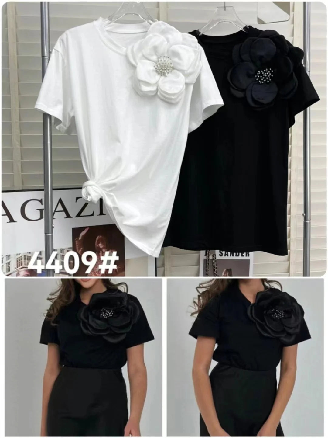 Kort T-shirt met 3D Bloemen voor Vrouwen