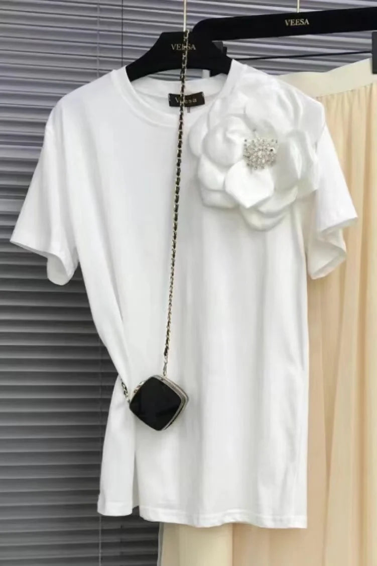 Kort T-shirt met 3D Bloemen voor Vrouwen