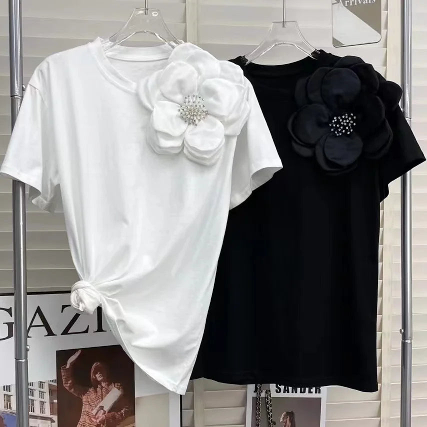 Kort T-shirt met 3D Bloemen voor Vrouwen