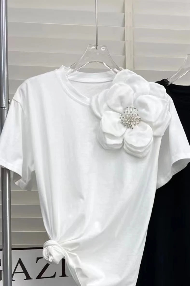 Kort T-shirt met 3D Bloemen voor Vrouwen