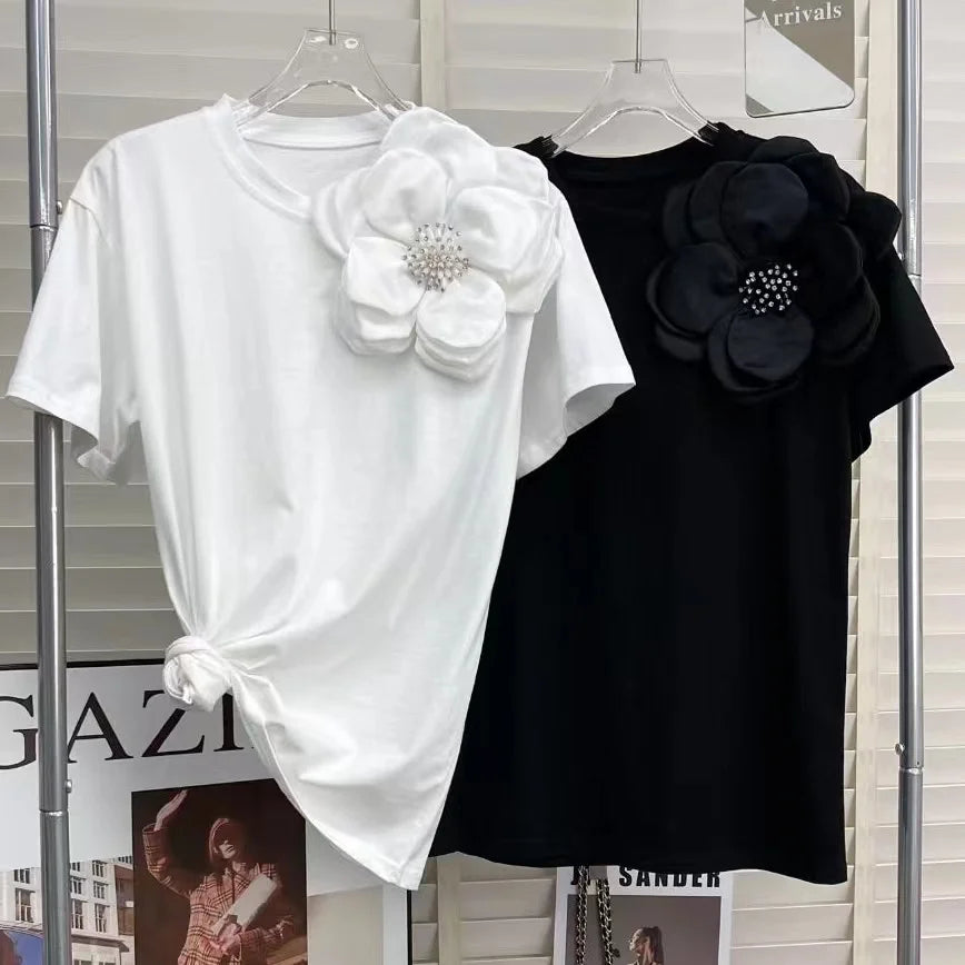 Kort T-shirt met 3D Bloemen voor Vrouwen