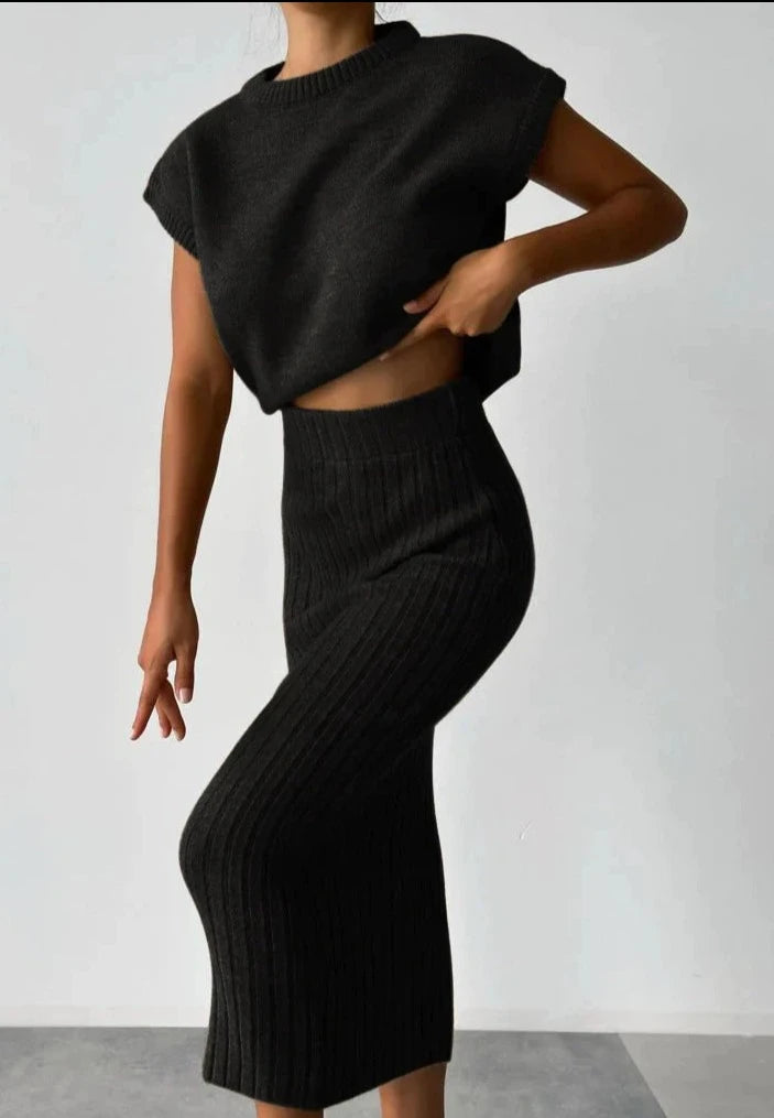 Betoverende Elegantie – Gebreide Rok en Mouwloos Vest Set voor Dames, Luxe Winter Ensemble