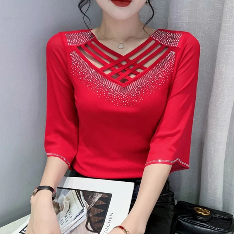 Seductive V-Neck Three-Quarter Sleeve T-Shirt