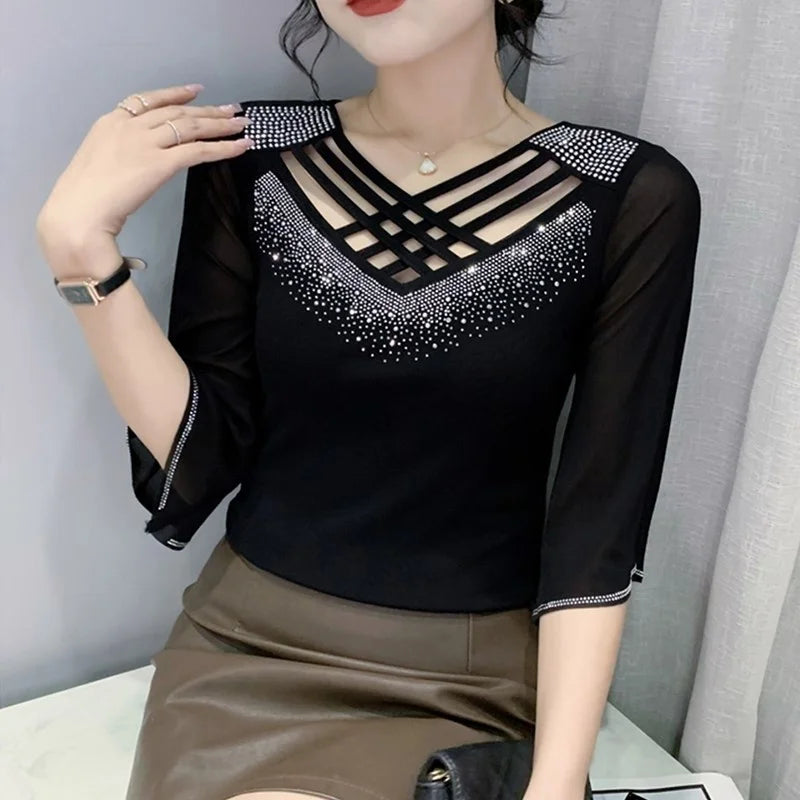 Seductive V-Neck Three-Quarter Sleeve T-Shirt