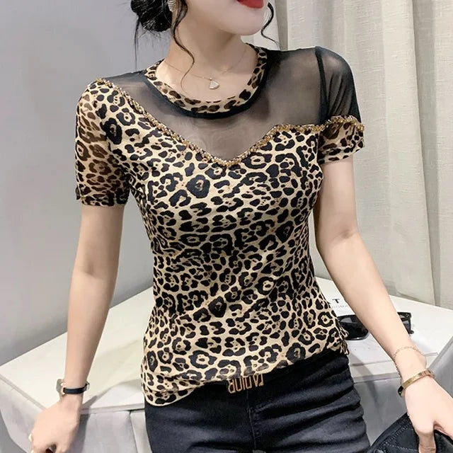 T-shirt a rete Zomer Luipaard per donne